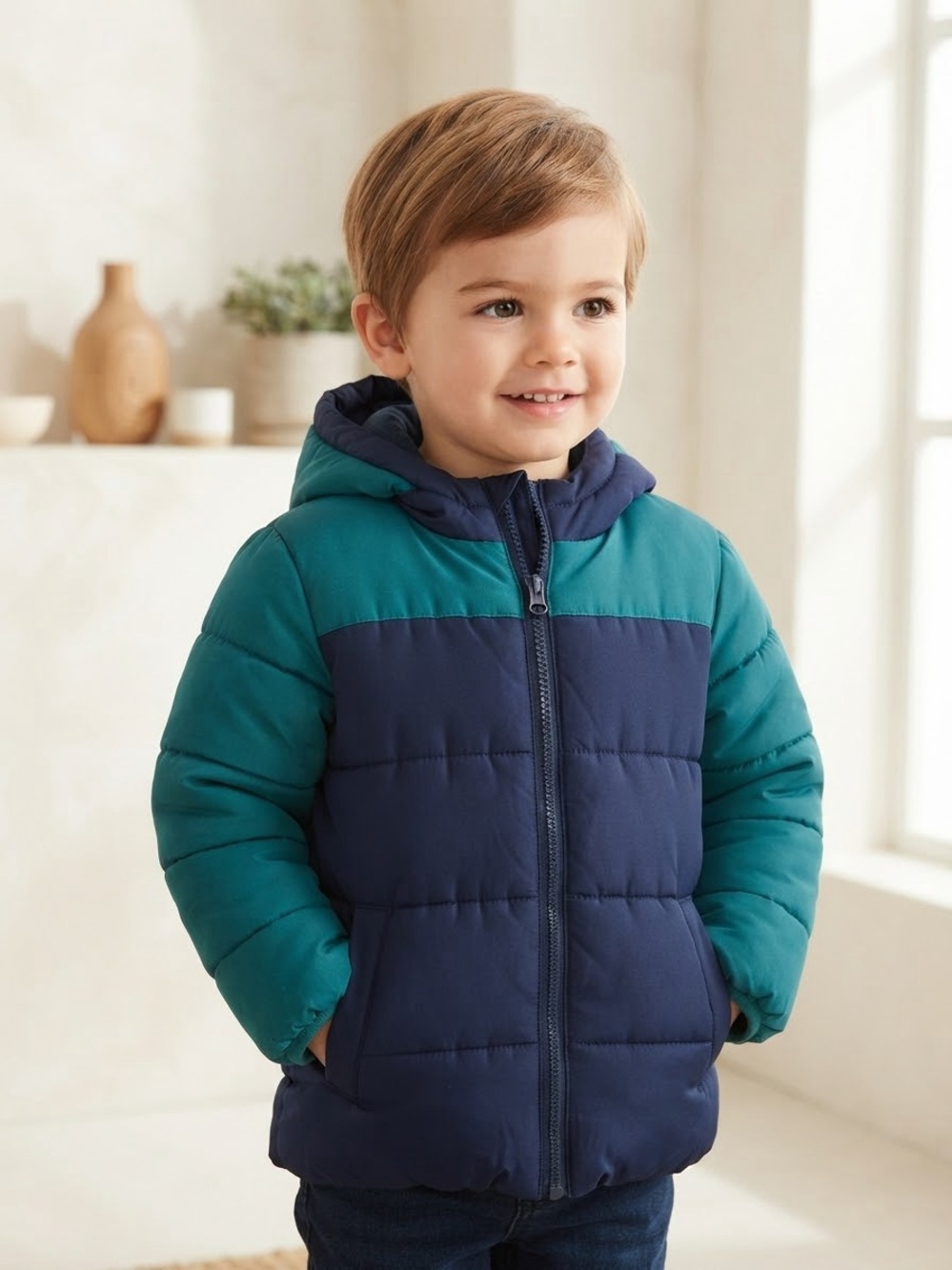 Take 50% OFF-SwissTech Kids Colorblock Puffer Jacket - Navy & Teal, Size-XS(4-5)